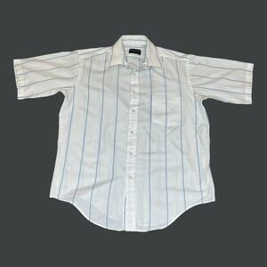 Vintage Manhattan Mens Short Sleeve Striped Button Down Shirt White Blue Size 16